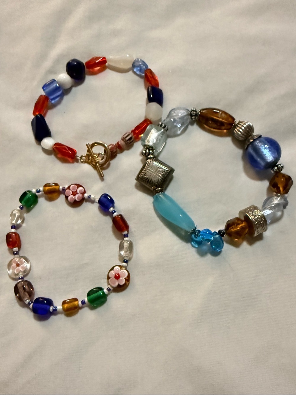 Lot of 3 Multicolor Glass Beaded Dangle Charm Bracelets, Toggle, Floral